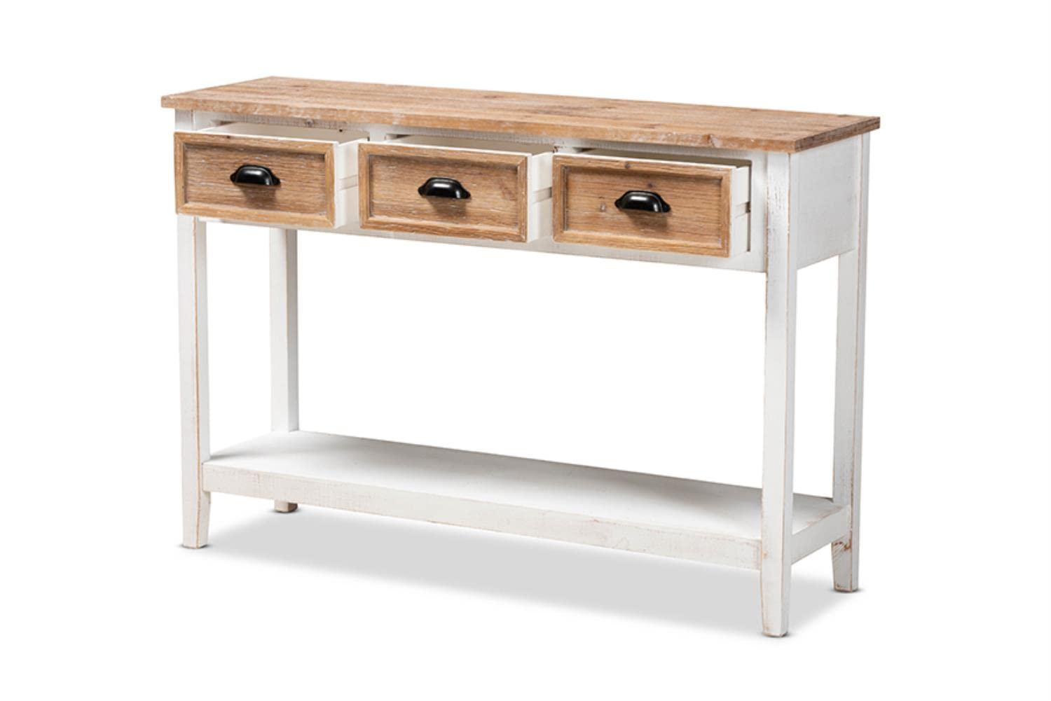 Baxton Studio Benedict Traditional Farmhouse and Rustic Two-Tone White and Oak Brown Finished Wood 3-Drawer Console Table